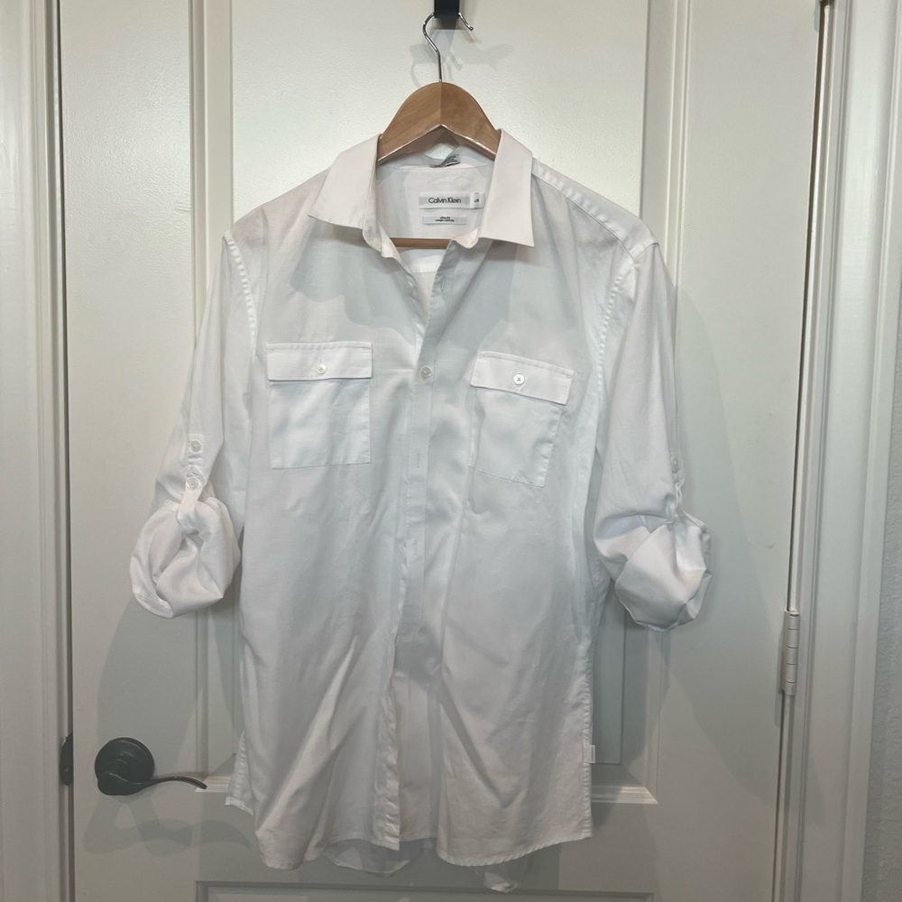 Calvin Klein White Casual Button Down Shirt with Rolled Sleeves